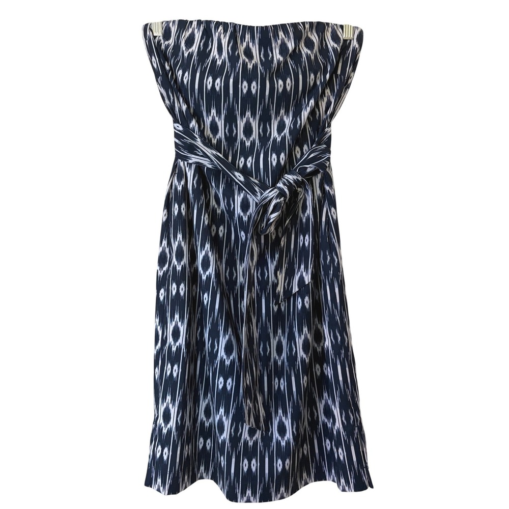 Athleta Anywhere Strapless Dress Ikat Navy White Built-in Bra Sz 6 Knee Length
